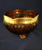 Indiana Glass Footed Dish; Amber Diamond Point Footed Snack or Candy Dish; Gold Rim Dish