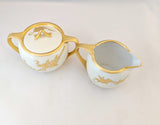 Antique Hand Painted Creamer and Lidded Sugar Bowl, German Porcelain; Gold Gilded Creamer;