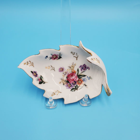 Porcelain Floral Folded Leaf Dish; Hand Painted China; Leaf Pattern Dish; Trinket Dish; Soap Dish