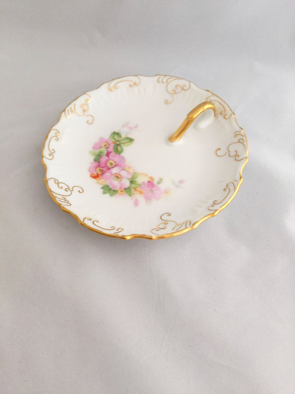 Hand painted Floral Dish with Handle; Vintage Porcelain Dish; Floral Dish