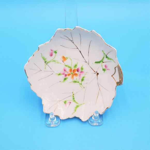 Hand Painted Leaf Trinket Dish; Wales China, Japan; Floral Leaf Dish