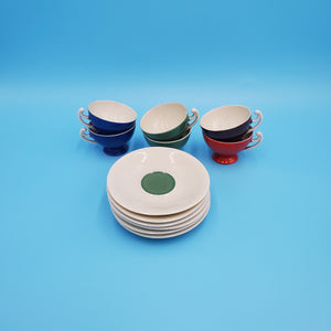 Vintage Tea Cups and Saucers; 2 Blue, 2 Green, 1 Red and 1 Brown; Made In Czechoslovakia; Small Tea Cup; Colorful Tea Cup
