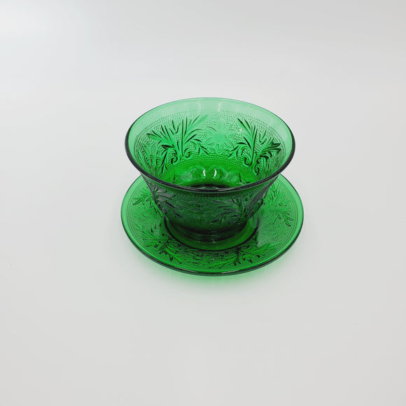 Anchor Hocking Forest Green Custard Cup with Saucer; Emerald Green Custard Cup