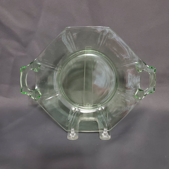 Imperial Glass Molly Handled Cake Plate; Green Depression Glass Handled Plate; Uranium Glass Plate