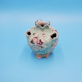 Small Ornate Round Ceramic Vase; Teal Vase; Chip Dent Crack