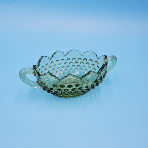 Fenton Hobnail Green Glass Two Handle Candy Dish; Office Candy Dish