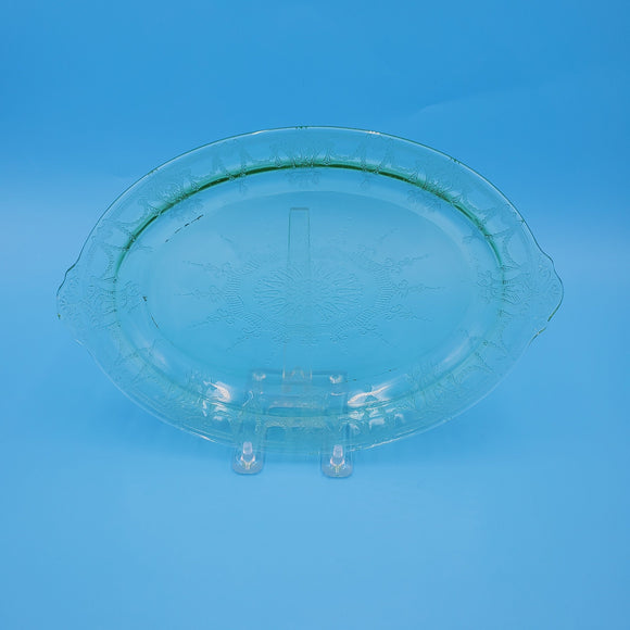 Green Depression Glass Platter; Green Glass Oval PLate