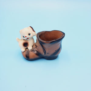 Enesco Puppy on Boot Planter; Small Pottery Planter; Dog Herb Planter